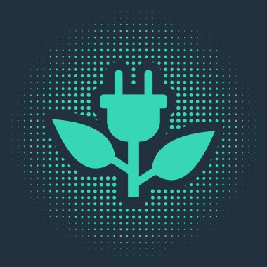 Yaprak simgesindeki Yeşil Elektrik kayıt prizi mavi arkaplanda izole edildi. Enerji tasarrufu ikonu. Çevre koruma ikonu. Biyolojik enerji. Soyut çember rastgele noktalar. Vektör İllüstrasyonu