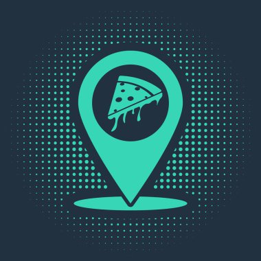 Fast food dilimli yeşil harita işaretleyicisi mavi arka planda izole edilmiş pizza ikonu. Pizzacı konumu simgesi. Pizza kafe ve restoran tabelası. Soyut çember rastgele noktalar. Vektör İllüstrasyonu