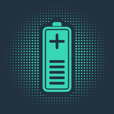 Yeşil Batarya şarj seviyesi gösterge simgesi mavi arkaplanda izole edildi. Soyut çember rastgele noktalar. Vektör İllüstrasyonu