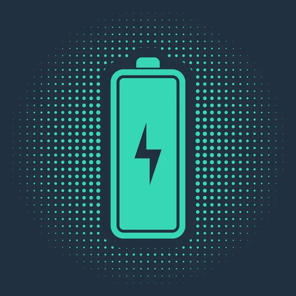 Zielona ikona baterii izolowana na niebieskim tle. Symbol pioruna. Abstrakcyjne kółko przypadkowych kropek. Ilustracja wektora — Wektor stockowy