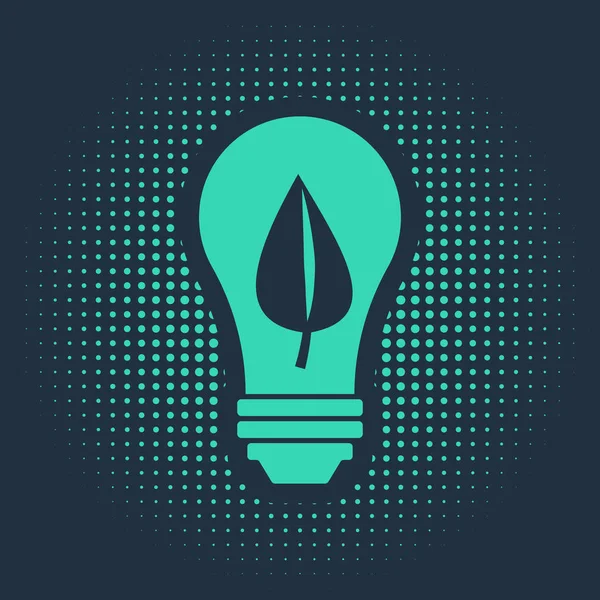 Grüne Glühbirne mit Blattsymbol isoliert auf blauem Hintergrund. Ökoenergiekonzept. alternative Energiekonzepte. abstrakte Kreis zufällige Punkte. Vektorillustration — Stockvektor