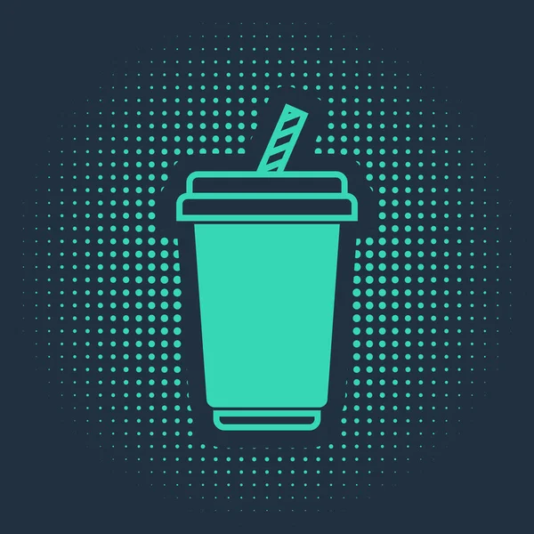 Grünes Glas mit Wassersymbol isoliert auf blauem Hintergrund. Soda-Trinkglas mit Trinkhalm. frisches Kaltgetränk Symbol. abstrakte Kreis zufällige Punkte. Vektorillustration — Stockvektor