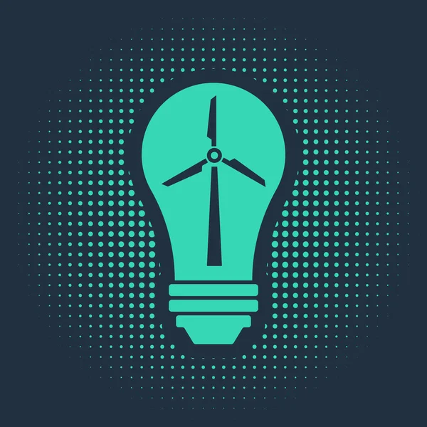 Bombilla de luz verde con turbina eólica como idea de fuente ecológica de energía icono aislado sobre fondo azul. Concepto de energía alternativa. Puntos aleatorios de círculo abstracto. Ilustración vectorial — Vector de stock