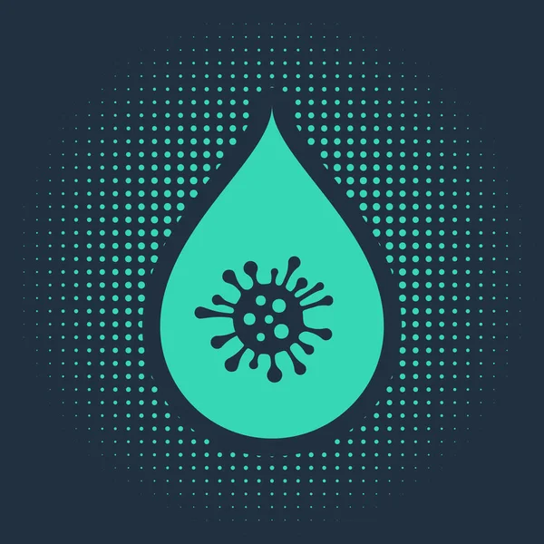 Green Dirty water drop icon isolated on blue background. Bacteria and germs, microorganism disease, cell cancer, microbe, virus, fungi. Abstract circle random dots. Vector Illustration — Stock Vector