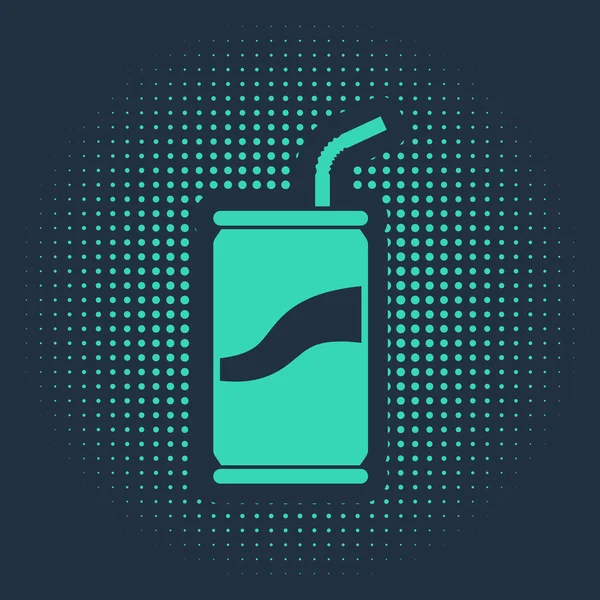 Lata de refrigerante verde com beber ícone de palha isolado no fundo azul. Pontos aleatórios de círculo abstrato. Ilustração vetorial — Vetor de Stock