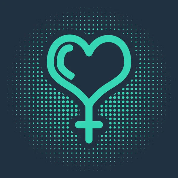 Groen Vrouwelijk geslacht symbool en hart pictogram geïsoleerd op blauwe achtergrond. Venus symbool. Het symbool voor een vrouwelijk organisme of vrouw. Abstracte cirkel willekeurige stippen. Vector Illustratie — Stockvector