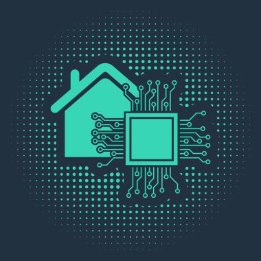 Yeşil Akıllı ev simgesi mavi arkaplanda izole edildi. Uzaktan kumanda. Soyut çember rastgele noktalar. Vektör İllüstrasyonu