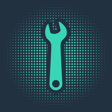Green Wrench icon isolated on blue background. Spanner repair tool. Service tool symbol. Abstract circle random dots. Vector Illustration