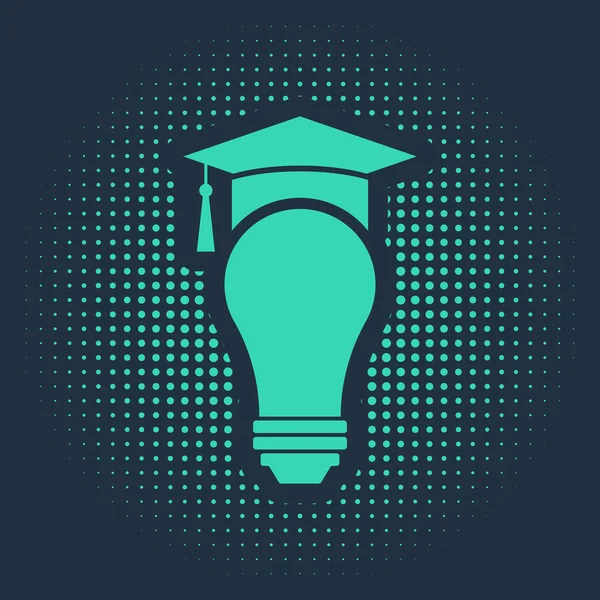 Green Light bulb and graduation cap icon isolated on blue background. University Education concept. Abstract circle random dots. Vector Illustration — Διανυσματικό Αρχείο
