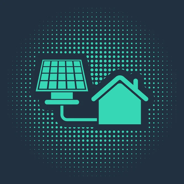 Green House with solar panel icon isolated on blue background. Ecology, solar renewable energy. Eco-friendly house. Environmental Protection. Abstract circle random dots. Vector Illustration — Stock Vector