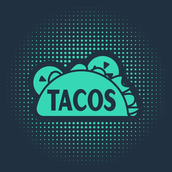 Zelené Taco s ikonou tortilla izolované na modrém pozadí. Tradiční mexické rychlé občerstvení. Abstraktní kruh náhodných teček. Vektorová ilustrace — Stockový vektor