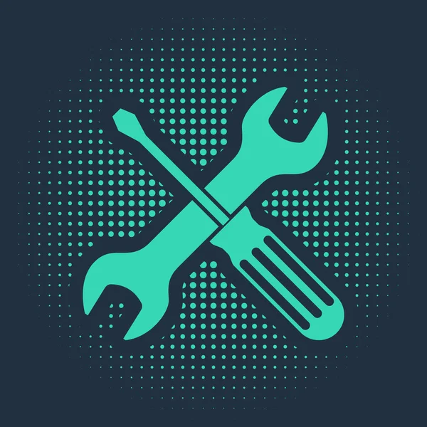 Green Crossed šroubovák a klíč nástroje ikona izolované na modrém pozadí. Symbol servisního nástroje. Abstraktní kruh náhodných teček. Vektorová ilustrace — Stockový vektor