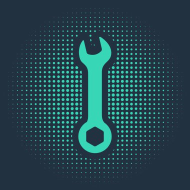 Green Wrench icon isolated on blue background. Spanner repair tool. Service tool symbol. Abstract circle random dots. Vector Illustration