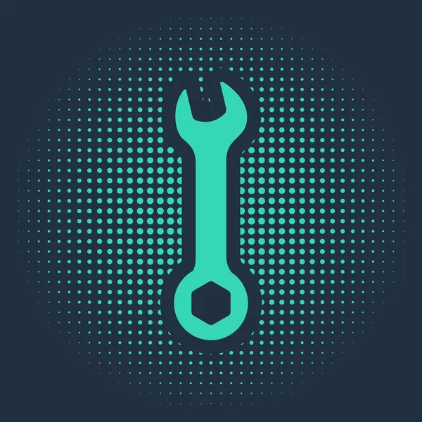 Grön skiftnyckel ikon isolerad på blå bakgrund. Spannerreparationsverktyg. Tjänsteverktygets symbol. Abstrakt cirkel slumpmässiga prickar. Vektor Illustration — Stock vektor