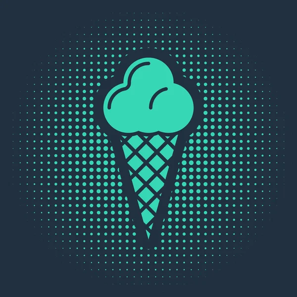 Zelená zmrzlina ve vaflovacím kuželu ikona izolované na modrém pozadí. Pěkný symbol. Abstraktní kruh náhodných teček. Vektorová ilustrace — Stockový vektor