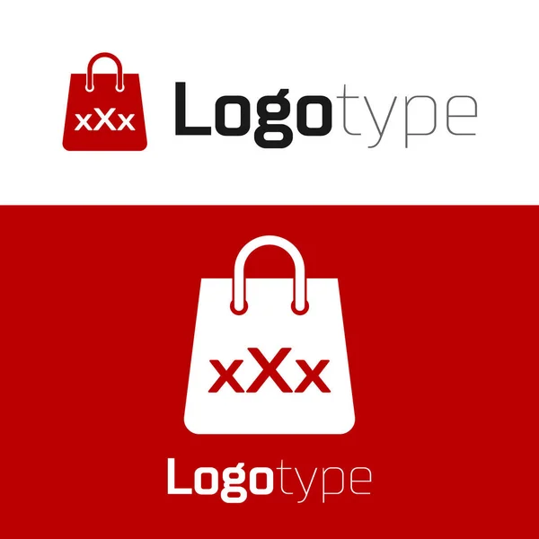 Bolsa de compras roja con un icono triple X aislado sobre fondo blanco. Elemento de plantilla de diseño de logotipo. Ilustración vectorial — Vector de stock