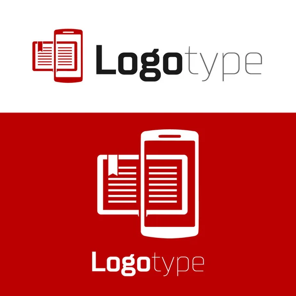 Röd Smartphone och bok ikon isolerad på vit bakgrund. Nätbaserad inlärning eller e-lärande. Mall för logotyp. Vektor Illustration — Stock vektor