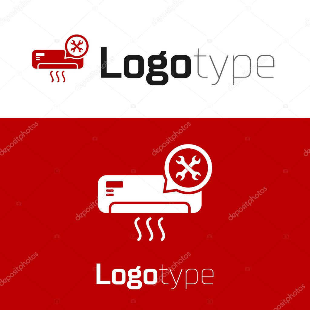 Red Air conditioner with screwdriver and wrench icon isolated on white background. Adjusting, service, setting, maintenance, repair, fixing. Logo design template element. Vector Illustration