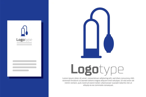 블루 페니스 펌프 아이콘은 백인 배경에서 분리되었습니다. 음경 크기가 커졌습니다. 남성용 섹스 장난감. 음경을 증가시키기 위해 기포를 사용하는 진공 펌프. 로고 디자인 템플릿 요소. 벡터 일러스트 — 스톡 벡터