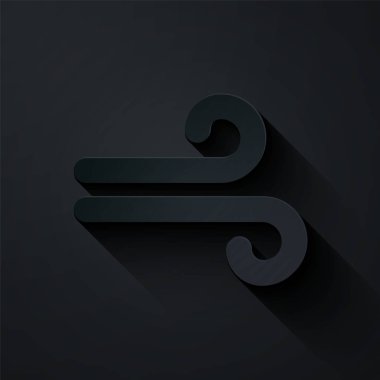 Kağıt kesiği Rüzgar simgesi siyah arkaplanda izole edildi. Rüzgarlı bir hava. Kağıt sanatı tarzı. Vektör İllüstrasyonu