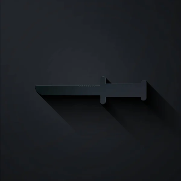 Corte de papel Icono de cuchillo militar aislado sobre fondo negro. Estilo de arte de papel. Ilustración vectorial — Vector de stock