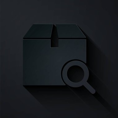 Kağıt kesiği Arama paketi simgesi siyah arkaplanda izole edildi. Paket izleme sembolü. Büyüteç ve karton kutu. Lojistik ve teslimat. Kağıt sanatı tarzı. Vektör İllüstrasyonu