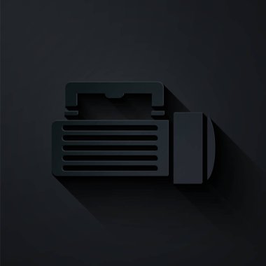 Kağıt kesiği El feneri simgesi siyah arkaplanda izole edildi. Turist el feneri sapı. Kağıt sanatı tarzı. Vektör İllüstrasyonu