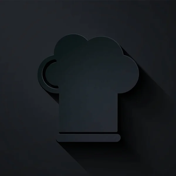 종이 컷 셰프 모자 아이콘은 검은 배경에 분리되어 있다. 요리의 상징. 요리 모자. 종이 예술 스타일. 사기적 인 예 — 스톡 벡터