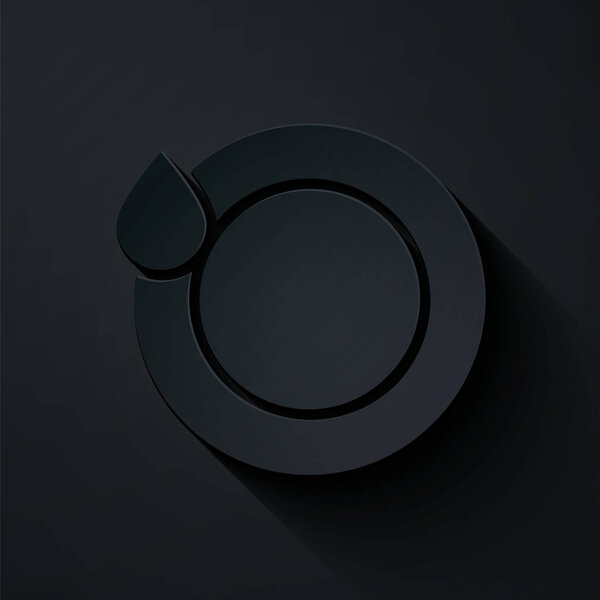 Paper cut Washing dishes icon isolated on black background. Plate and sponge. Cleaning dishes icon. Dishwasher sign. Clean tableware sign. Paper art style. Vector Illustration