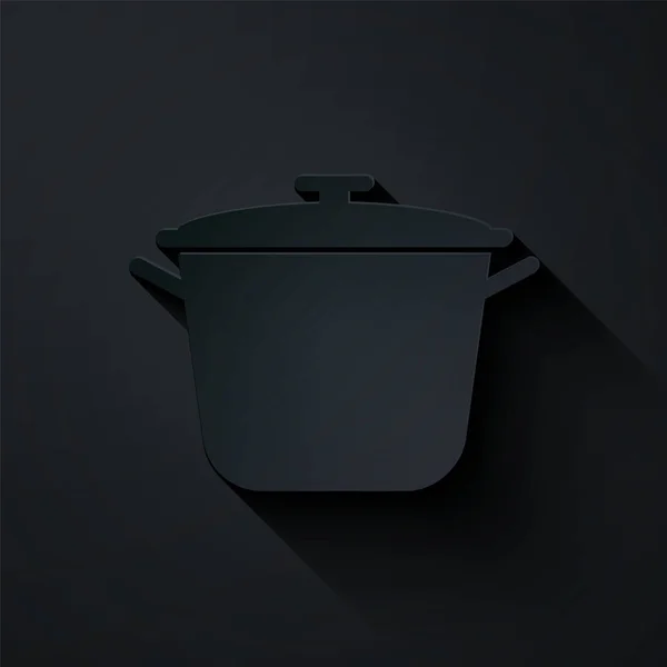 Papier geschnittene Kochtopfsymbol isoliert auf schwarzem Hintergrund. Essen kochen oder schmoren. Papierkunst. Vektorillustration — Stockvektor