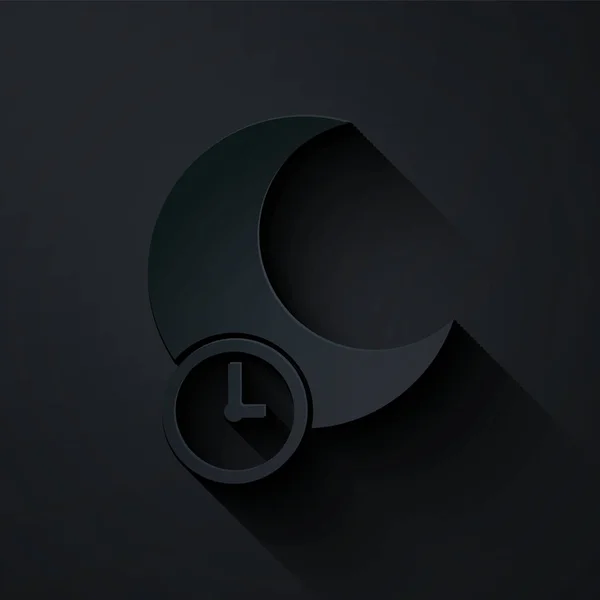 Corte de papel Icono de la luna durmiente aislado sobre fondo negro. Estilo de arte de papel. Ilustración vectorial — Vector de stock