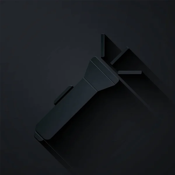 Papierschnitt Taschenlampe Symbol isoliert auf schwarzem Hintergrund. Papierkunst. Vektorillustration — Stockvektor