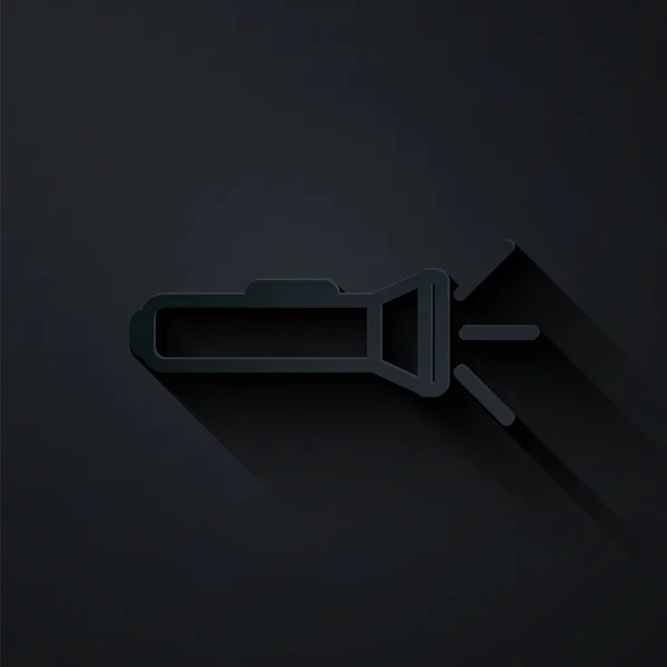 Paper cut Flashlight icon isolated on black background. Paper art style. Vector Illustration — ストックベクタ