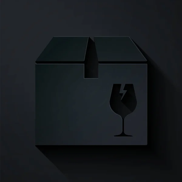 Pappersklipp Leverans förpackning låda med skört innehåll symbol för brutet glas ikon isolerad på svart bakgrund. Lådan, paketet, paketskylten. Papperskonst. Vektor Illustration — Stock vektor
