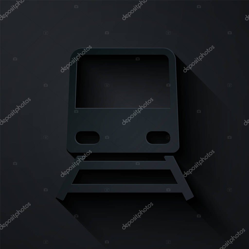 Corte de papel Icono de tren aislado sobre fondo negro. Símbolo de