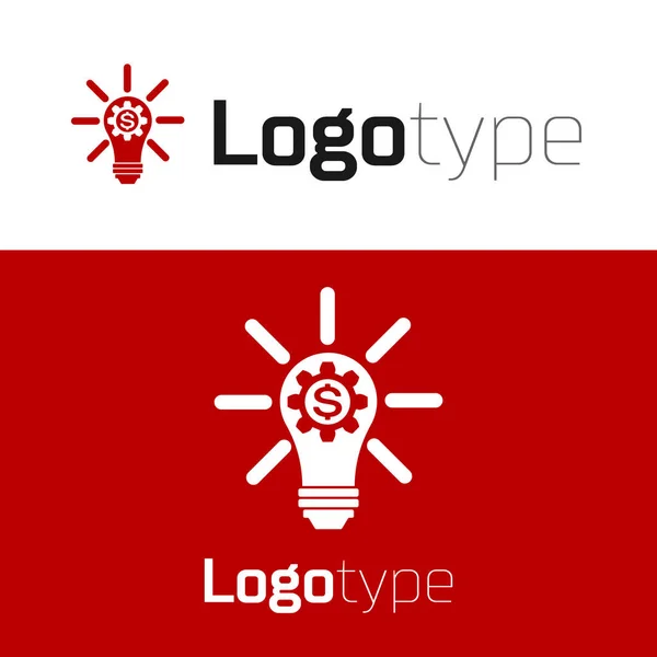 Red Light bulb with gear inside and dollar symbol icon isolated on white background. Fintech innovation concept. Logo design template element. Vector Illustration — ストックベクタ