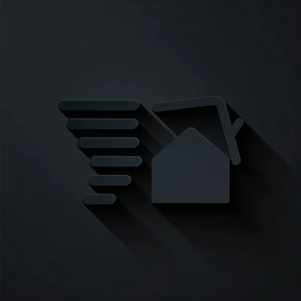 Corte de papel Tornado remolino daña icono de techo de la casa aislado sobre fondo negro. Ciclón, torbellino, embudo de tormenta, icono del viento huracán. Estilo de arte de papel. Ilustración vectorial — Archivo Imágenes Vectoriales