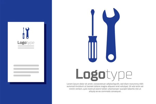 Blauwe schroevendraaier en moersleutel gereedschap pictogram geïsoleerd op witte achtergrond. symbool van het servicewerktuig. Logo ontwerp template element. Vector Illustratie — Stockvector