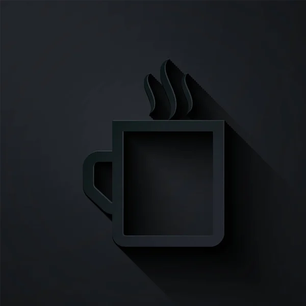 Papiergeschnittene Kaffeetasse flaches Symbol isoliert auf schwarzem Hintergrund. Teetasse vorhanden. Heißgetränk Kaffee. Papierkunst. Vektorillustration — Stockvektor