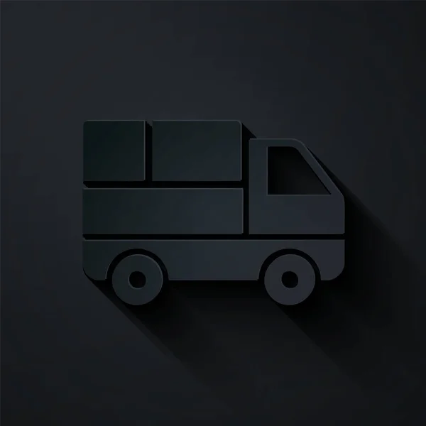 Camión de reparto de papel con cajas de cartón detrás de icono aislado sobre fondo negro. Estilo de arte de papel. Ilustración vectorial — Archivo Imágenes Vectoriales