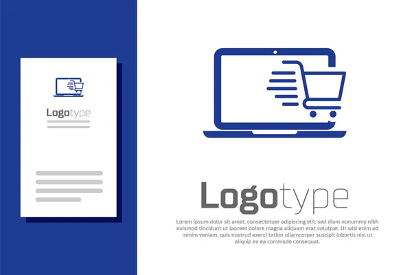 Blauw Winkelwagen op scherm laptop pictogram geïsoleerd op witte achtergrond. Concept e-commerce, e-business, online business marketing. Logo ontwerp template element. Vector Illustratie — Stockvector