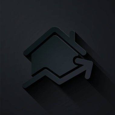 Kağıt kesiği konut simgesinin artan maliyeti siyah arkaplanda izole edildi. Gayrimenkul fiyatları yükseliyor. Konut grafiği artıyor. Kağıt sanatı tarzı. Vektör İllüstrasyonu