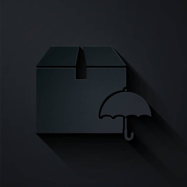 Siyah zemin üzerinde şemsiye sembolü olan kağıt kesiği teslimat paketi. Şemsiyeli karton kutu. Lojistik ve teslimat. Kağıt sanatı tarzı. Vektör İllüstrasyonu
