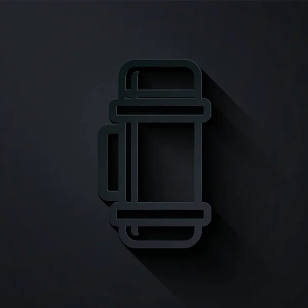 Иконка контейнера термос вырезанная бумагой изолирована на черном фоне. Значок термофляжки. Оборудование для кемпинга и походов. Бумажный стиль. Векторная миграция — стоковый вектор