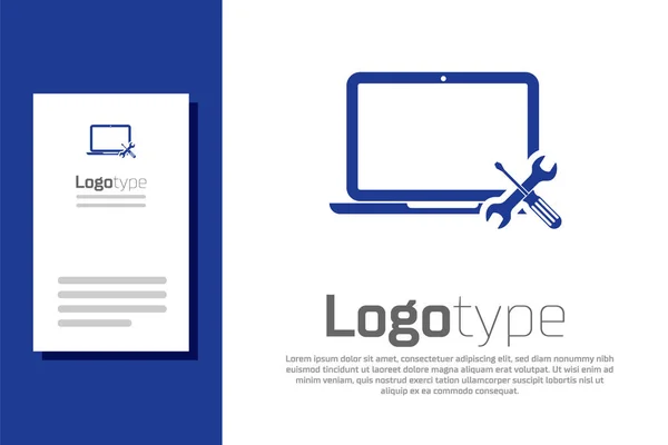 Laptop azul com chave de fenda e ícone chave isolada no fundo branco. Ajuste, serviço, configuração, manutenção, reparação, fixação. Elemento de modelo de design de logotipo. Ilustração vetorial —  Vetores de Stock