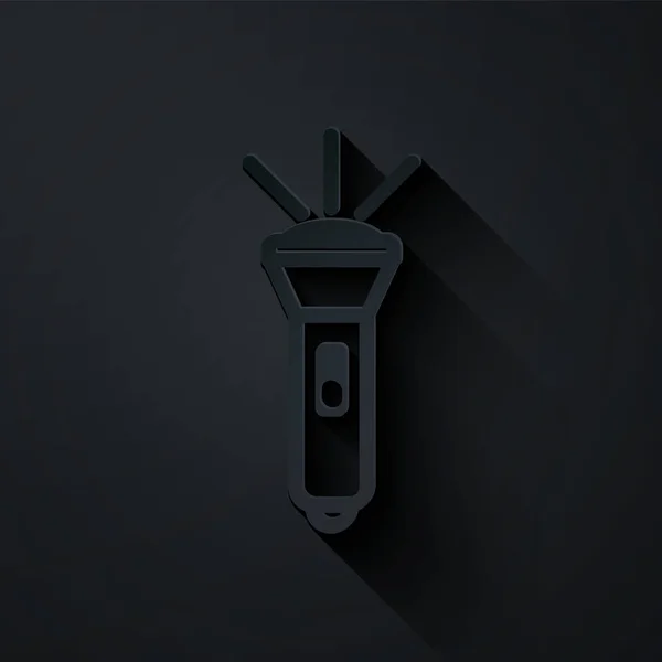 Paper cut Flashlight icon isolated on black background. Paper art style. Vector Illustration — ストックベクタ