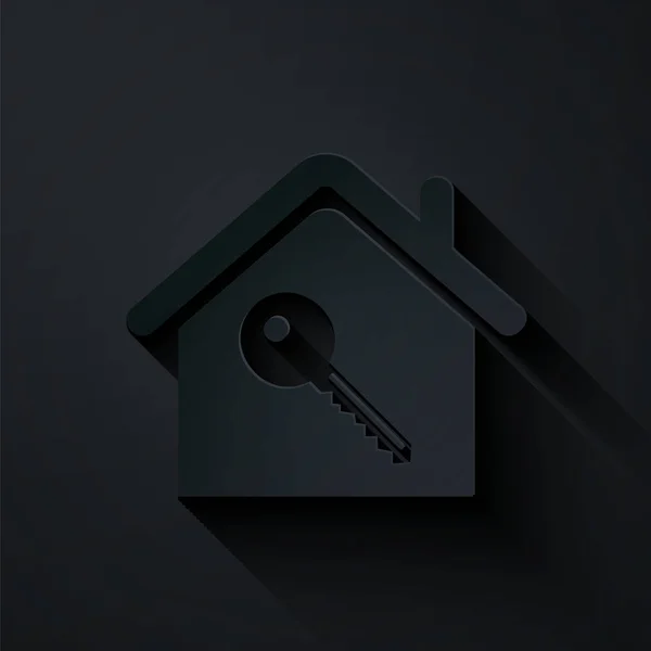 Casa de corte de papel con icono clave aislado sobre fondo negro. El concepto de llave en mano de la casa. Estilo de arte de papel. Ilustración vectorial — Vector de stock