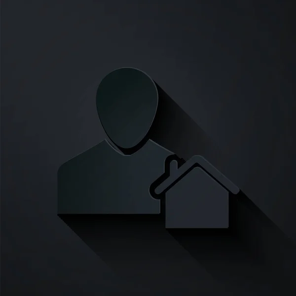 Corte de papel Icono de agente inmobiliario aislado sobre fondo negro. Comprando casa. Estilo de arte de papel. Ilustración vectorial — Archivo Imágenes Vectoriales