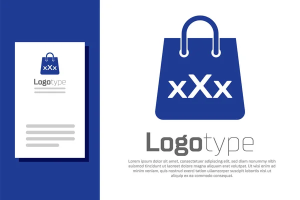 Bolsa de compras azul con un icono triple X aislado sobre fondo blanco. Elemento de plantilla de diseño de logotipo. Ilustración vectorial — Vector de stock