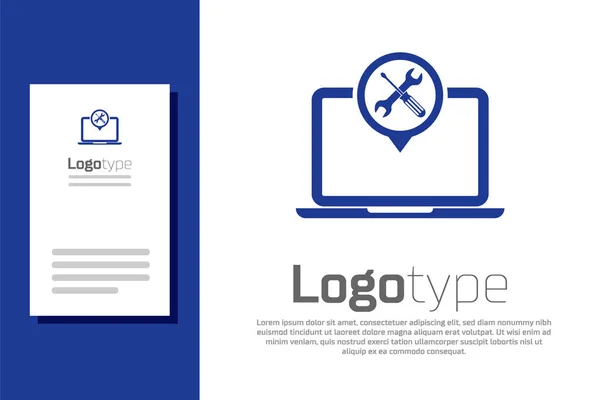 Blauwe laptop met schroevendraaier en moersleutel pictogram geïsoleerd op witte achtergrond. Aanpassen, service, instelling, onderhoud, reparatie, vaststelling. Logo ontwerp template element. Vector Illustratie — Stockvector